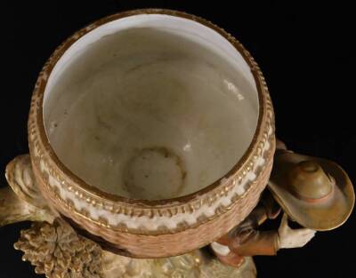 A Royal Worcester porcelain centre piece, with shaped bowl, on a tree bough aside figure, on a rock work base, no. 1315, 1895, printed pink marks beneath, 29cm H. - 5