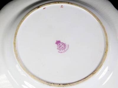 A 20thC Royal Worcester Thomas Lockyer porcelain plate, handpainted with fruits, brambles and peaches, with a flared gilt lined border, printed marks beneath, 23cm W. - 4