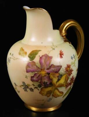 A Royal Worcester ewer, handpainted and raised with flowers, with gilt highlights, shaped handle and bead lined foot, no. 1587, green printed marks beneath, 1900, 24cm H, a Royal Worcester shell no. G716 and a Royal Worcester jug no. 1094. (3) - 6