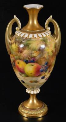 A Royal Worcester Frank Roberts urn vase, the tapering body handpainted with peaches and grapes, with gilt highlights, inverted neck and stem, acanthus capped handles and circular foot, no. H313, pink printed marks beneath, 1917. - 3