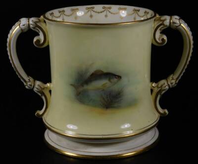 A Royal Worcester porcelain Harry Davis loving cup, the inverted body handpainted with fishes, flanked by gilt highlighted handles with an inner garland banding, on a circular foot, pink printed marks beneath, 1911, 17cm H. - 3