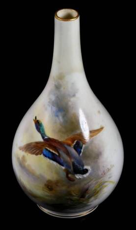 A Royal Worcester porcelain James Stinton vase, handpainted with duck in flight in naturalistic setting, no. E151, green printed marks beneath, 1911, 16cm H.