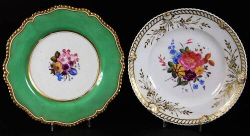 A 19thC Chamberlain's Worcester plate, handpainted with summer flowers, with gilt flared border, impressed marks beneath, 22cm W and a late 18thC Flight, Barr & Barr porcelain plate, centred by summer flowers with flared gadrooned and gilt highlighted rim