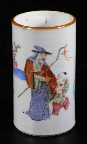 A Chinese Republic Porcelain vase, of cylindrical form, polychrome decorated with figures and vases, predominately in orange, yellow and green, with gilt highlights, on circular foot, pseudo six character mark beneath, 12cm H.