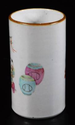A Chinese Republic Porcelain vase, of cylindrical form, polychrome decorated with figures and vases, predominately in orange, yellow and green, with gilt highlights, on circular foot, pseudo six character mark beneath, 12cm H. - 2