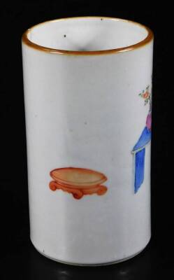 A Chinese Republic Porcelain vase, of cylindrical form, polychrome decorated with figures and vases, predominately in orange, yellow and green, with gilt highlights, on circular foot, pseudo six character mark beneath, 12cm H. - 3