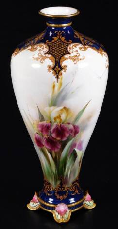 A Hadley Worcester tall vase, painted with irises, green Hadley water mark, 25cm H.