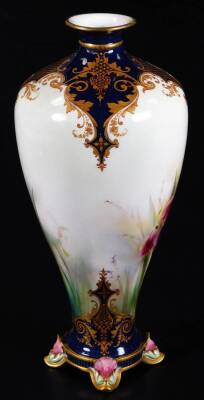 A Hadley Worcester tall vase, painted with irises, green Hadley water mark, 25cm H. - 4