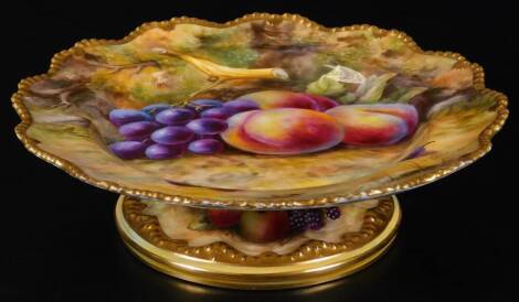 A Royal Worcester Thomas Lockyer tazza, painted with fruit, signed, puce marked, c1920, 21cm Dia.