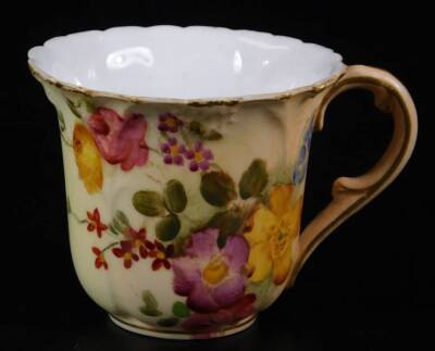 A Royal Worcester blush ivory hair grip box and cover, puce factor mark, c1913, 10cm L, together with a blush ivory miniature cup and saucer, green factory mark, saucer 8cm Dia. (2) - 5