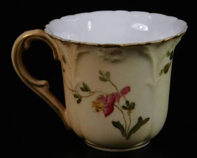 A Royal Worcester blush ivory hair grip box and cover, puce factor mark, c1913, 10cm L, together with a blush ivory miniature cup and saucer, green factory mark, saucer 8cm Dia. (2) - 6