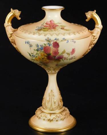 A Royal Worcester blush ivory vase and cover, shaped code 2298, puce factory marked, c1901, 23cm H.