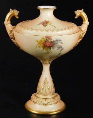 A Royal Worcester blush ivory vase and cover, shaped code 2298, puce factory marked, c1901, 23cm H. - 3