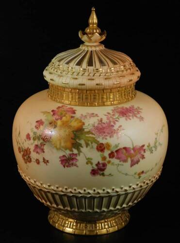 A large Royal Worcester blush ivory pot pourri vase, cover and liner, c1901, shape code 1286, puce Worcester marked, 27cm H.