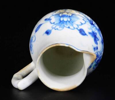 A early Bow Porcelain sparrow jug, c1756, with crabstock handle painted in vivid blue with the Prunus Fence pattern, 7cm H. - 5