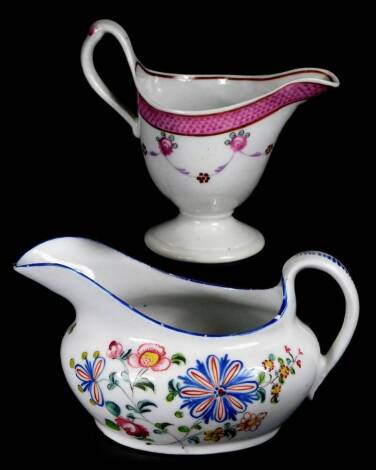 A Newhall clip handle creamer, c1780, 10cm H, together with a low creamer decorated with a flower group below a blue rim, pattern no 940, 14cm W. (2)