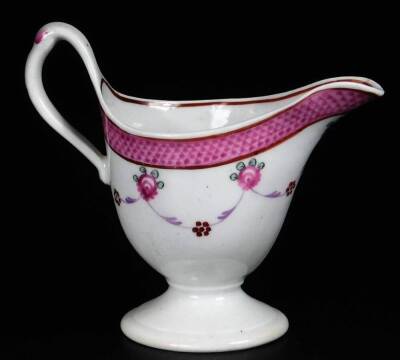 A Newhall clip handle creamer, c1780, 10cm H, together with a low creamer decorated with a flower group below a blue rim, pattern no 940, 14cm W. (2) - 8