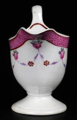 A Newhall clip handle creamer, c1780, 10cm H, together with a low creamer decorated with a flower group below a blue rim, pattern no 940, 14cm W. (2) - 9