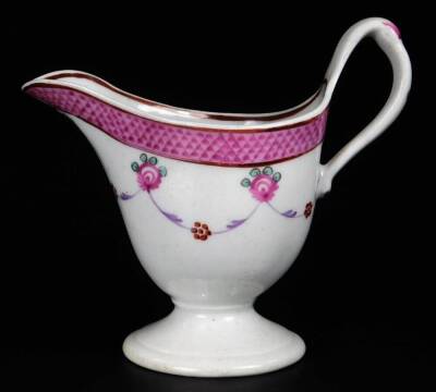 A Newhall clip handle creamer, c1780, 10cm H, together with a low creamer decorated with a flower group below a blue rim, pattern no 940, 14cm W. (2) - 10