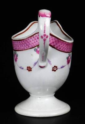 A Newhall clip handle creamer, c1780, 10cm H, together with a low creamer decorated with a flower group below a blue rim, pattern no 940, 14cm W. (2) - 11