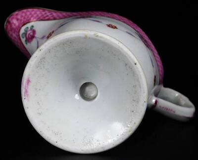 A Newhall clip handle creamer, c1780, 10cm H, together with a low creamer decorated with a flower group below a blue rim, pattern no 940, 14cm W. (2) - 13