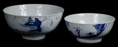 A Worcester porcelain bowl, c1756-58, painted with the Precipice pattern in blue and white, with workman's mark, 15cm Dia. together with a Worcester workman's marked bowl, c1756-58 painted with the Landslip pattern, 12cm Dia. (2)