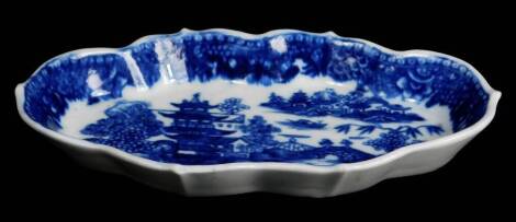 A Caughley porcelain spoon tray, c1780, of elongated from, printed with the full Nanking pattern, 16cm W.