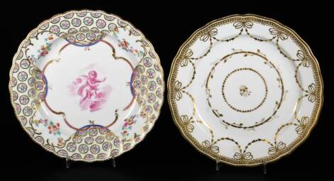 A Derby porcelain dessert plate, c1780, decorated with a cherub within clouds, with a rose and flower swag border, puce Derby mark, gilder's mark 1 for Thomas Soar, together with a Derby gilt and white dessert plate, c1780, pattern no. 22 (floating number