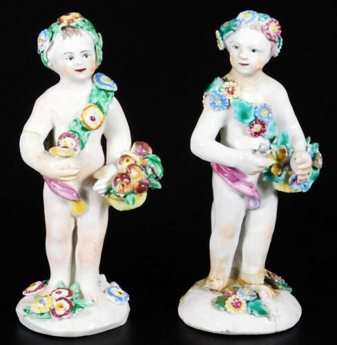 A pair of Bow Porcelain Gardener figures, c1768, of cherubs with baskets, 14cm H. (2)