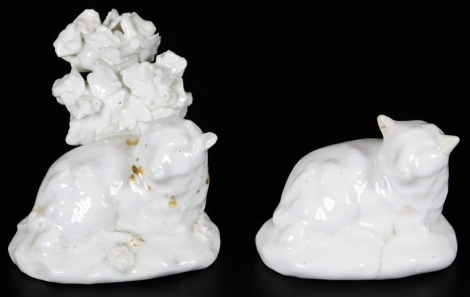 A pair of Derby white sheep, c1800, one with bocage and gilt decoration, unmarked, 7cm H