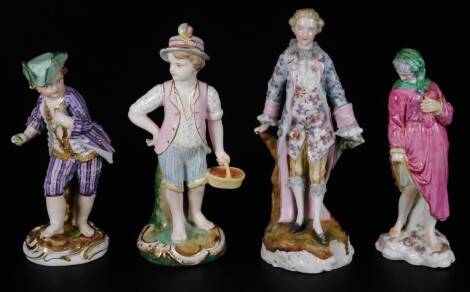 A late 19thC continental figure, followers of Worcester, including a gardener figure in blue striped tunic, a boy holding a basket of fruit with a pink waistcoat, a gallant in floral frock coat, a female figure in suggestive stance, all 17cm H. (4)