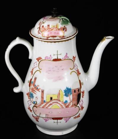 A rare polychrome Worcester porcelain coffee pot and cover, c1770, painted with an eastern landscape in subdued pallet within a gilt cartouche border.