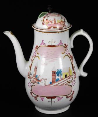 A rare polychrome Worcester porcelain coffee pot and cover, c1770, painted with an eastern landscape in subdued pallet within a gilt cartouche border. - 3