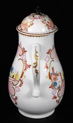 A rare polychrome Worcester porcelain coffee pot and cover, c1770, painted with an eastern landscape in subdued pallet within a gilt cartouche border. - 4