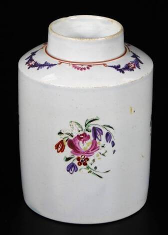 A English Creamware tea caddy, c1800, decorated with flower sprays below a swag and rust border, 10cm H.