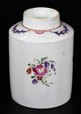 A English Creamware tea caddy, c1800, decorated with flower sprays below a swag and rust border, 10cm H.