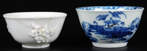 A Liverpool Chaffers blue and white porcelain tea bowl, c1758, together with a early Bow porcelain white glazed and prunus moulded tea bowl, c1758, both 7.5cm Dia. (2)