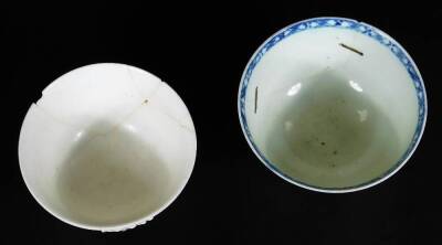 A Liverpool Chaffers blue and white porcelain tea bowl, c1758, together with a early Bow porcelain white glazed and prunus moulded tea bowl, c1758, both 7.5cm Dia. (2) - 4