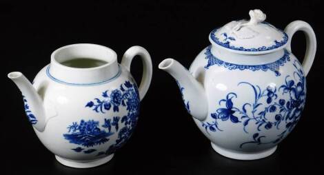 A Worcester porcelain teapot, c1775, printed with Fisherman pattern, thatched crescent mark, together with a Worcester teapot and cover, Mansfield pattern, c1770, crescent marked, 12cm H. (2)