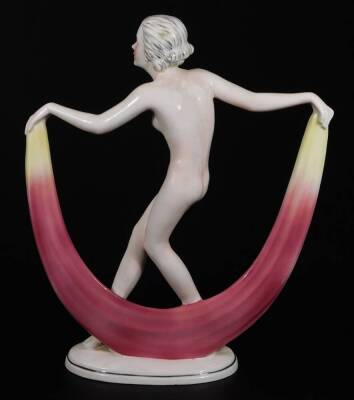 A continental Art Deco figure of a nude female, holding a spotted cloth on oval foot, marked HA beneath, 30cm H. - 3