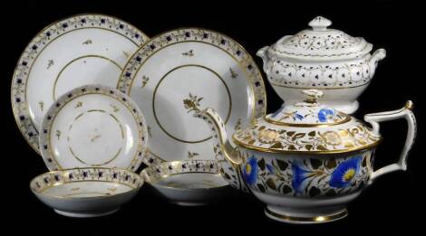 Various early 19thC porcelain teaware, to include a lidded sucrier, 16cm W, teapot gilt highlighted and handpainted with flowers predominately in blue and yellow, etc. (a quantity)