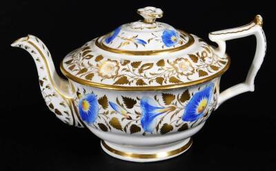 Various early 19thC porcelain teaware, to include a lidded sucrier, 16cm W, teapot gilt highlighted and handpainted with flowers predominately in blue and yellow, etc. (a quantity) - 10