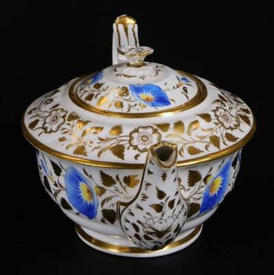 Various early 19thC porcelain teaware, to include a lidded sucrier, 16cm W, teapot gilt highlighted and handpainted with flowers predominately in blue and yellow, etc. (a quantity) - 11