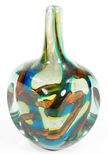 A mid 20thC Mdina glass bottle vase, of square shouldered form with cylindrical neck, in swirl decoration predominately in blue and orange, etched mark and number 1079 beneath, 20cm H.