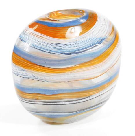 A 20thC Svaja glass vase, of oval form, decorated with a swirl pattern predominately in orange, blue and white, etched mark beneath, with label, 28cm H.