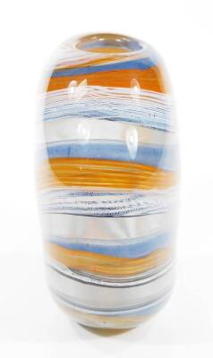 A 20thC Svaja glass vase, of oval form, decorated with a swirl pattern predominately in orange, blue and white, etched mark beneath, with label, 28cm H. - 3