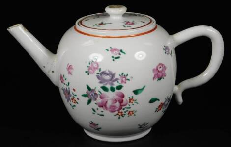 A Chinese export porcelain teapot, of bulbous form, polychrome decorated with flowers predominately in pink and purple, with compressed lid, gilt highlighted plain spout and bark handle, unmarked, 17cm H.