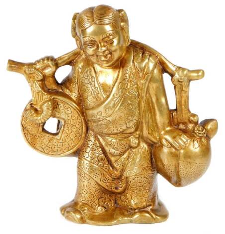 A Chinese hollow cast metal figure, holding pails in flowing robes, 20cm H.