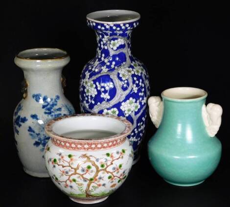 Various pottery, a Chinese prunus type vase, with compressed neck and shouldered circular body, heavily decorated predominately in green, white and blue, 47cm H, a blue and white crackle design vase, a Poole two handled vase and jardiniere, various marks 