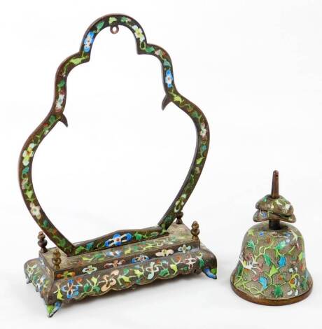 A cloisonne gong, on an elaborate surround and stepped rectangular base terminating in shaped feet, 23cm H.